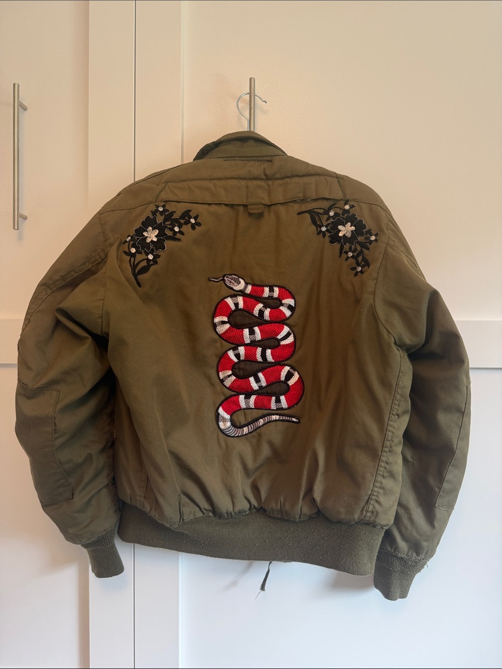Planet Blue Olive Green Bomber Jacket with Red Rose Embroidery